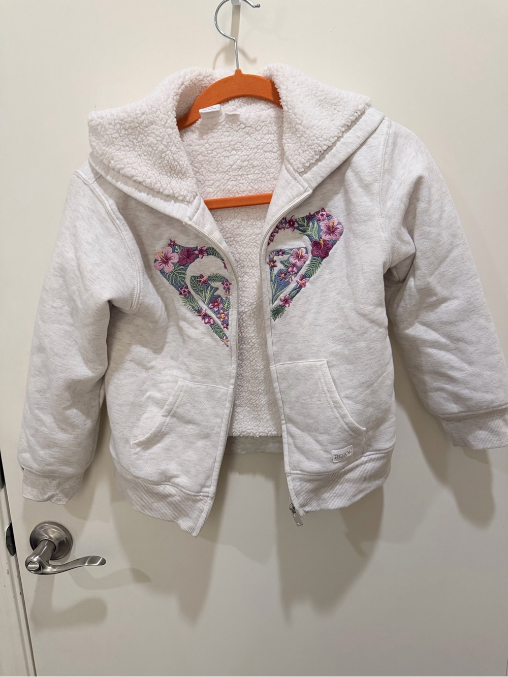 Roxy Girls White Sherpa-Lined Jacket with Floral Heart Embroidery